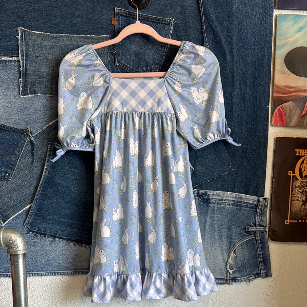 Blue and White Ruffled Babydoll Dress with Puff Sleeves